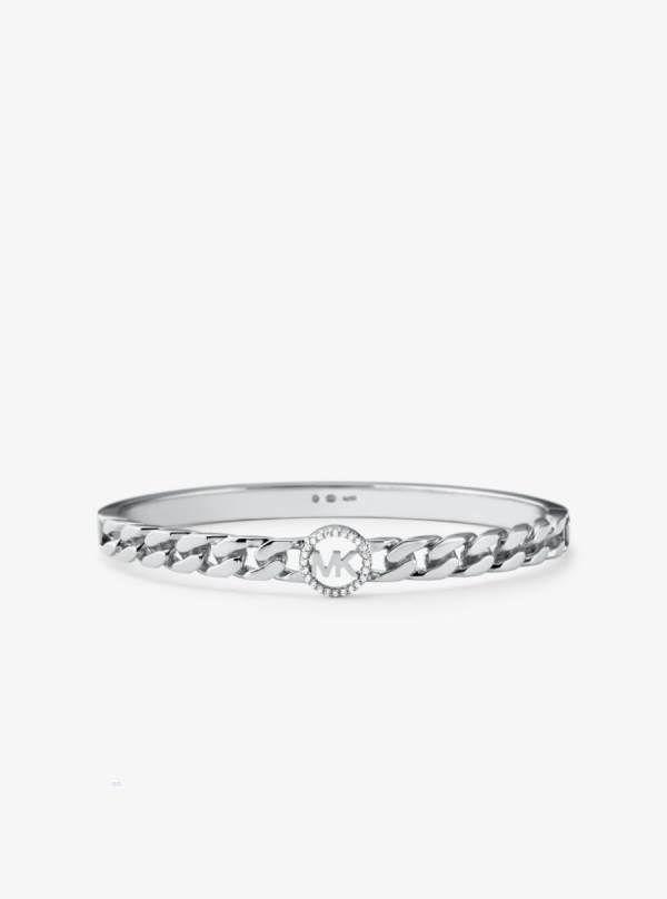 Damske Naramky Michael Kors 14K Gold-Plated Sterling Silver Pavé Logo Curb Link Bangle Strieborne - Šperky Michael Kors Lacne | VZFQC-4826